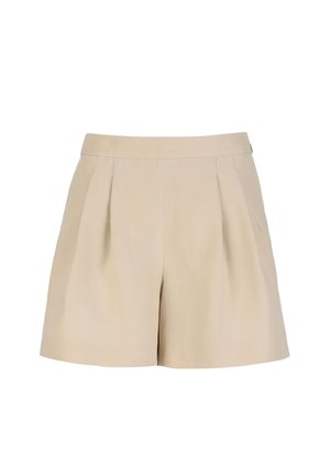 Beige shorts met hoge taille, voorplooien en wijde pijpen, gemaakt van lichtgewicht stof.