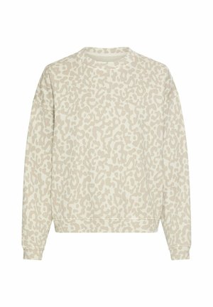 Beige og hvid sweatshirt med abstrakt leopardprint over det hele og lange ærmer.