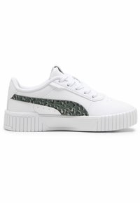 Sneaker bianco con un accento verde testurizzato sul lato. Sopra sintetico liscio, chiusura con lacci e suola bianca scanalata.
