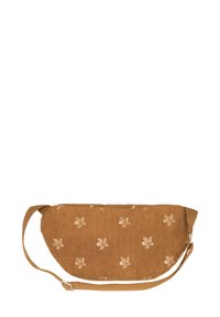 Braune Cordtasche mit floralem Stickereimuster, verstellbarem Tragegurt und geschwungener Form. Besitzt einen strukturierten Stoff und dezente genähte Akzente.