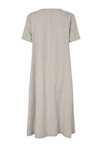 Grijze linnen jurk, korte mouwen, losse pasvorm, knielang, met een rechte achternaad, gladde textuur, minimalistisch design.