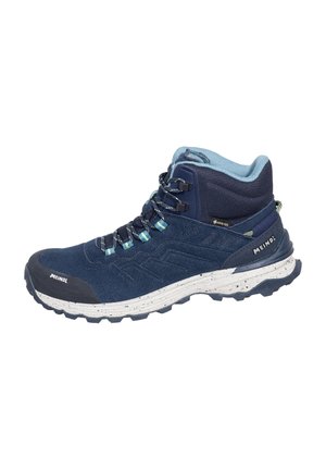 Navy blue mid-height hiking boot with light blue padded collar, black toe cap, white speckled sole, and reflective laces.