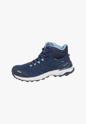 Navy blue mid-height hiking boot with light blue padded collar, black toe cap, white speckled sole, and reflective laces.