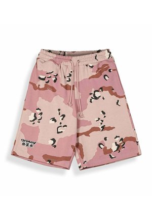 Rosa-braune und schwarze Tarn-Shorts mit elastischem Bund, Kordelzug und "grimey"-Logo mit chinesischen Schriftzeichen auf dem linken Bein.