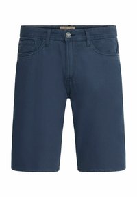 Navy blue denim shorts with a straight cut, five pocket design, metal button closure, and subtle stitching details. Cotton blend fabric.