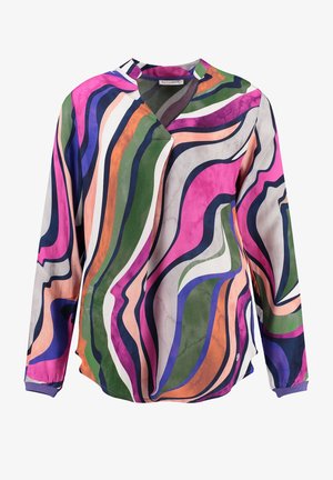 Langärmlige Bluse mit abstrakten wellenförmigen Streifen in Pink, Grün, Lila, Orange, Marineblau und Weiß, mit V-Ausschnitt und lockerem Sitz.