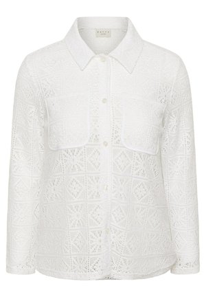 White long-sleeve lace blouse with collar, front buttons, and two chest pockets featuring a delicate geometric pattern.