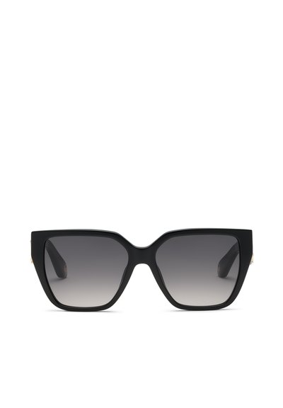 Lunettes de soleil carrées noires surdimensionnées avec des montures épaisses et des verres dégradés foncés, présentées sur fond blanc.