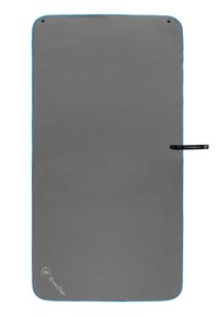 Gray mat with blue edging, rectangular shape, smooth texture, featuring a branded label and a small hole for hanging or storage.