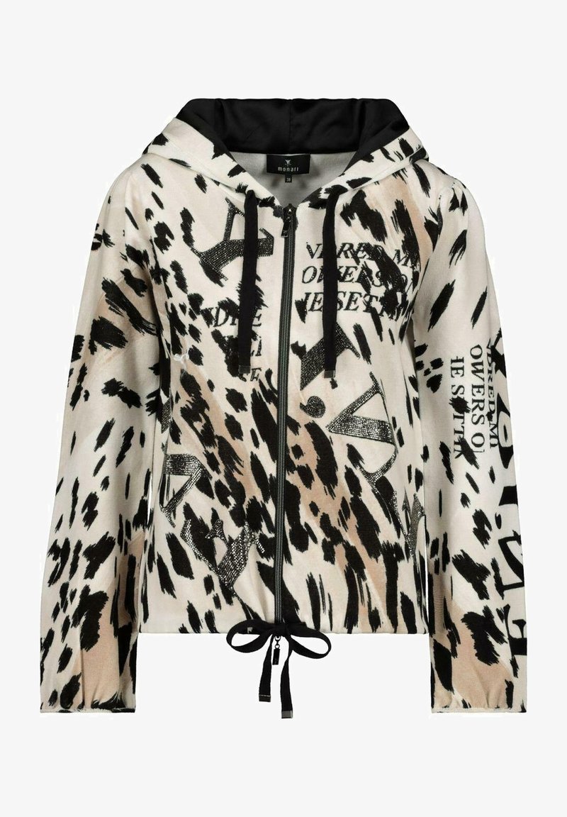 Sweat à capuche zippé avec imprimé animalier abstrait noir et beige, cordons noirs, accents de texte pailletés et ourlet à cordon de serrage.