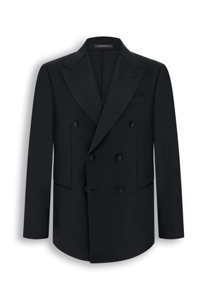 Blazer homme noir croisé avec revers à crans, six boutons recouverts, deux poches avant et une poche poitrine, fabriqué en Italie.
