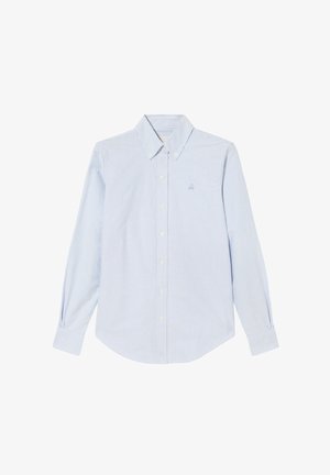 Světle modrá pruhovaná košile s dlouhým rukávem a zapínáním na knoflíky, se malou výšivkou loga, vyrobená z měkkého materiálu.
