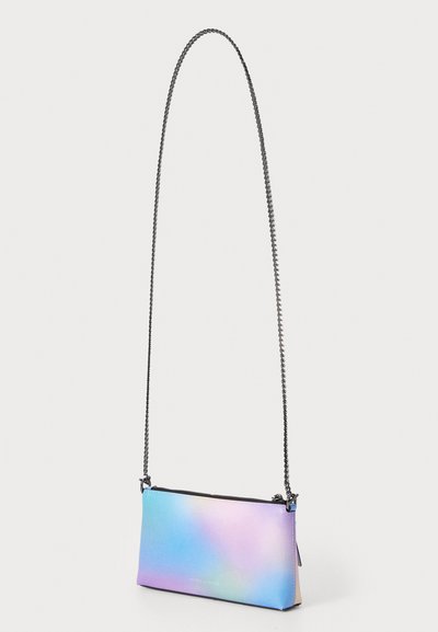 A small rectangular crossbody bag with a gradient finish from pink to blue, featuring a chain strap and a zip closure.