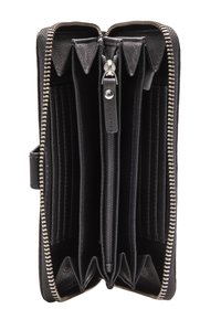 Black leather wallet with a zip closure, multiple card slots, and a central zipped compartment. Textured exterior with silver hardware accents.