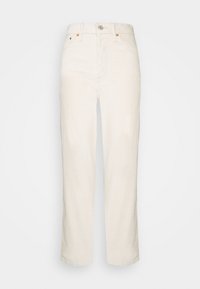 Jean beige clair à jambes droites avec fermeture par bouton et fermeture éclair, comprenant deux poches avant et des détails de couture subtils.