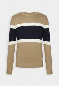 Beżowy sweter z dzianiny z granatowymi i kremowymi poziomymi paskami. Klasyczny okrągły dekolt, długie rękawy z prążkowanymi mankietami i obrębem.