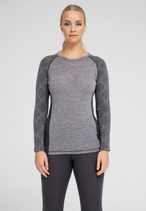 Grå langærmet top med et tekstureret mønsterdesign på ærmerne, kontrasterende mørke sidepaneler og en rund halsudskæring.