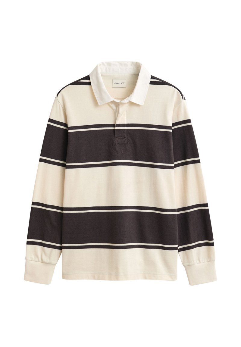 Long-sleeve rugby shirt with white and dark horizontal stripes and a white collar, displayed on a plain white background.