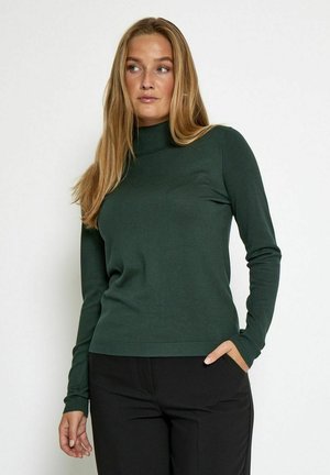 Green turtleneck sweater made of knit fabric, featuring long sleeves and a fitted design. The hem and cuffs are ribbed for texture.