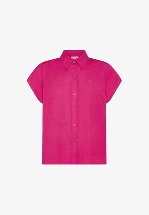 Camicia rosa a maniche corte con bottoni, colletto appuntito e un discreto accento logo sul lato sinistro del petto. Tessuto morbido e vestibilità rilassata.