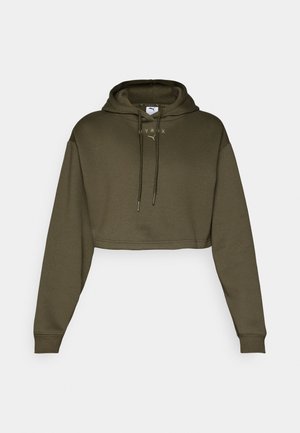 Gekürzter olivgrüner Kapuzenpullover mit langen Ärmeln, verstellbarem Kordelzug in der Kapuze und Logo-Details auf der Vorderseite. Hergestellt aus weichem, strukturiertem Stoff.