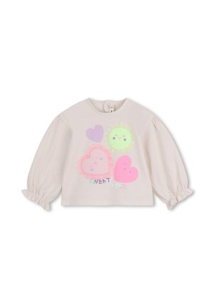 Camisa blanca de niño de manga larga con mangas abullonadas, puños con volantes y corazones de colores y un sol sonriente con el texto "Sweet Love".