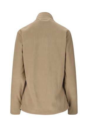 Beige fleecejakke med lange ærmer og høj krave, vist bagfra, med lige kant og enkel sømdetalje.