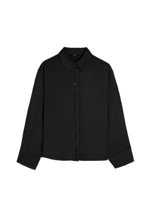 Czarna koszula z długim rękawem, wykonana z gładkiego materiału, z klasycznym kołnierzykiem, zapięciem na guziki z przodu oraz mankietami z lekkim rolowaniem.