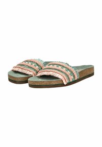Vevet sandaler med en multifarvet frynse-design i pink, grønne og beige nuancer; korksål med en let hævning.