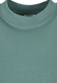 Roheline puuvillane T-särk, millel on soonikuga ümara kaelusega ja sile tekstuur. Kangas on kerge, ühtlase värvusega ja minimaalsete õmblusteta.