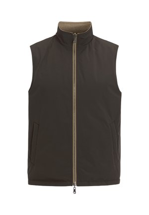 Gilet senza maniche di colore marrone scuro con colletto alto, zip frontale e due tasche laterali. L'interno ha una fodera beige a contrasto.