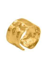 Ampio anello cuff in oro battuto con finitura lucida; superficie irregolare e ondulata e design aperto per una vestibilità regolabile.