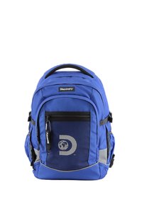 Mochila de nailon azul con múltiples compartimentos, bolsillo frontal de malla negra, detalles en gris, correas acolchadas y una asa superior para llevar.