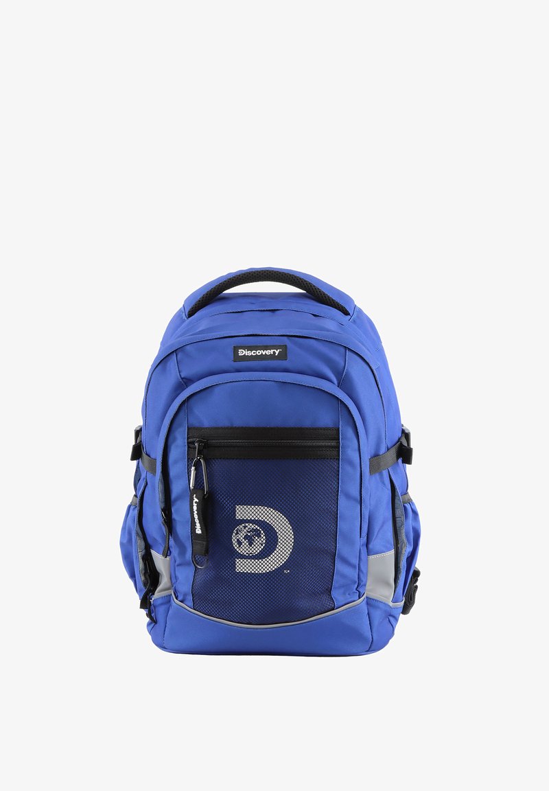 Zaino in nylon blu con più scomparti, tasca frontale in rete nera, dettagli grigi, spallacci imbottiti e maniglia di trasporto superiore.