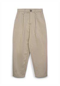 Pantalons droits taille haute beiges avec bouton et fermeture éclair à l'avant, passants de ceinture et poches latérales avant.
