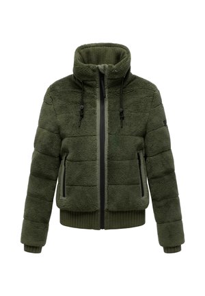 Veste en polaire verte avec un col haut, fermeture éclair à l'avant, deux poches latérales, poignets côtelés et un design texturé et matelassé.