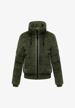 Groene fleece jas met een hoge kraag, ritssluiting aan de voorkant, twee zijzakken, geribbelde manchetten en een gestructureerd, gewatteerd ontwerp.