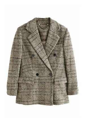 Doppelt gestreifter Blazer aus einem gemischten braunen Tweedstoff mit Karomuster, mit Reverskragen, zwei vorderen Taschen und schwarzen Knöpfen.