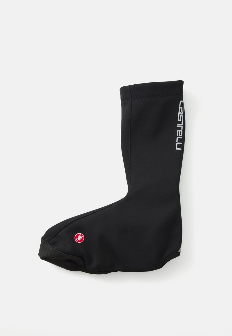 Curea de protecție pentru încălțăminte din neopren negru, cu un design curbat, având logo-ul Castelli și un accent roșu. Textură netedă, formă ajustată.