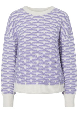 Weißer Strickpullover mit lila gewebtem Muster. Rippkragen und -manschetten. Boxy-Schnitt mit strukturiertem Finish.