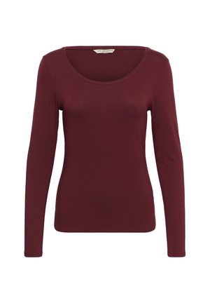 Dames top met lange mouwen in effen bordeauxrood, met een ronde halslijn en een aansluitend silhouet.