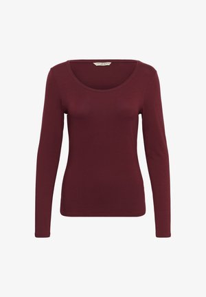 Haut à manches longues pour femmes en bordeaux uni avec un col en arrondi et une silhouette ajustée.