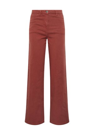 Hoch taillierte, weit geschnittene Hose in Rostfarbe mit vorderer Knopfleiste und Taschen, gefertigt aus einem weichen, strukturierten Stoff.