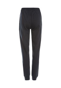 Svarta bomullssweatpants med elastisk midja, tapered byxdesign och åtsittande nederkant. Slät textur, lämpliga för avslappnad användning.