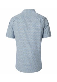 Korte mouw, collobloem-shirt in lichtblauw met een geometrisch patroon. Gladde stof met een gestructureerde achterkant en rechte zoom.