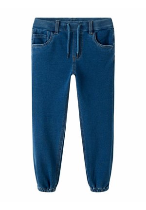 Pantalons de jogging bleus en tissu doux ressemblant à du denim, dotés d'une taille élastique, d'un cordon de serrage et de deux poches avant avec des hémis resserrés.