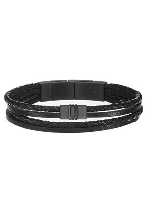 Bracciale in pelle intrecciata nera con tre fili, una texture liscia e una chiusura metallica rettangolare con rigature orizzontali.