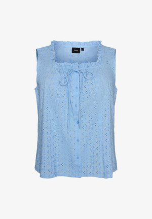 Lichtblauwe mouwloze blouse met geborduurd bloemenmotief, gerimpelde vierkante halslijn, knopen aan de voorkant en een strik bij de hals.