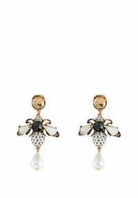 Gold-tone earrings shaped like a bee, featuring black and white enamel, pearly drop, and crystal accents. Detailed design highlights.