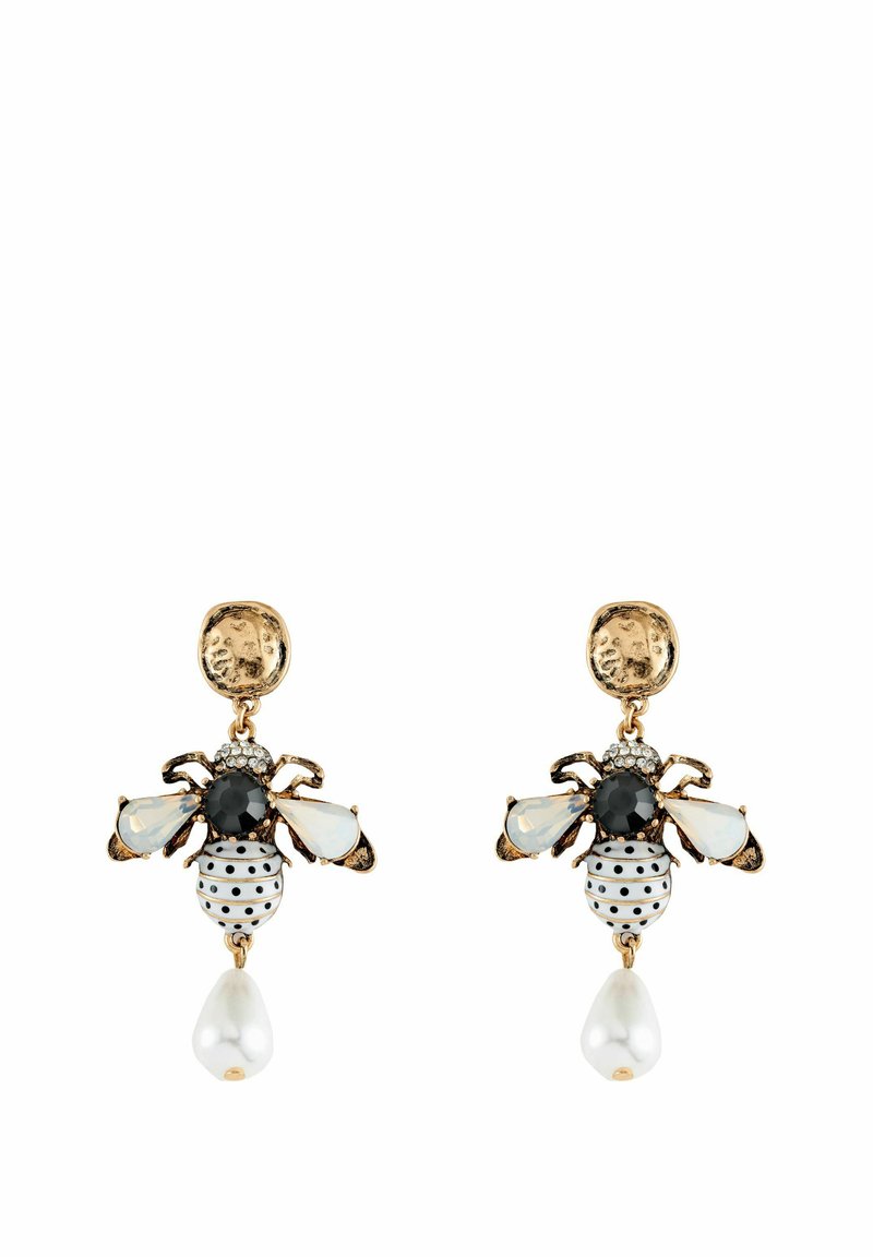 Gold-tone earrings shaped like a bee, featuring black and white enamel, pearly drop, and crystal accents. Detailed design highlights.
